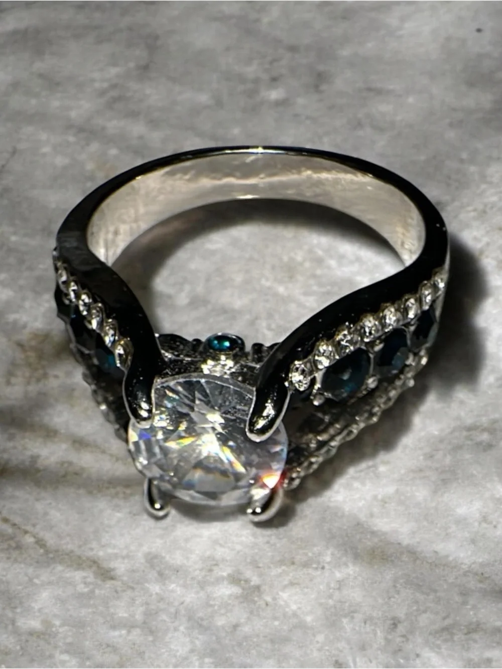 Silver-Tone Clear Crystal Statement Ring with Teal Accents